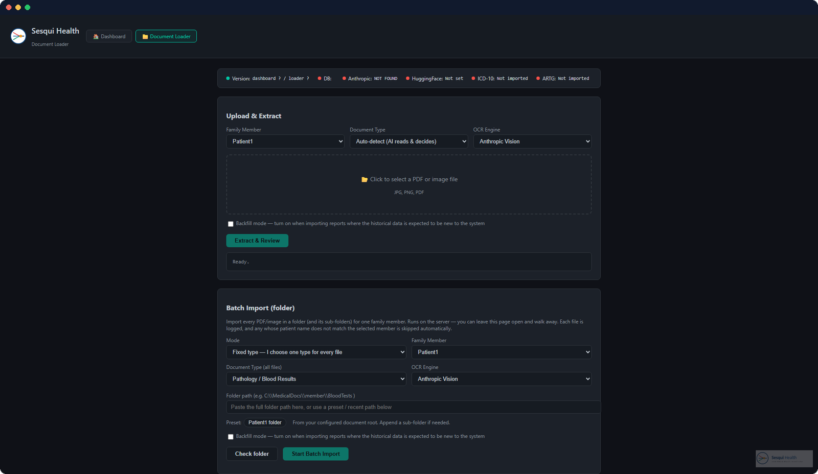 The document loader: choose a family member, drop in a PDF, and AI extracts structured data for review.